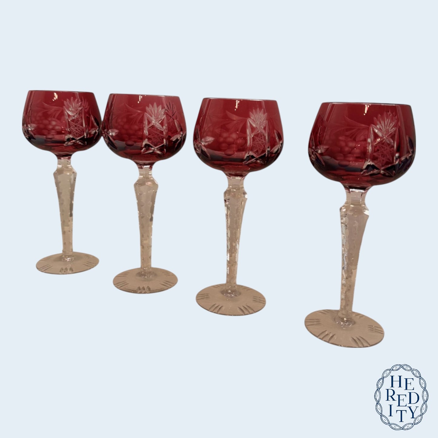 Set of 4 Vintage Cranberry Crystal Cut-to-Clear Wine Goblets