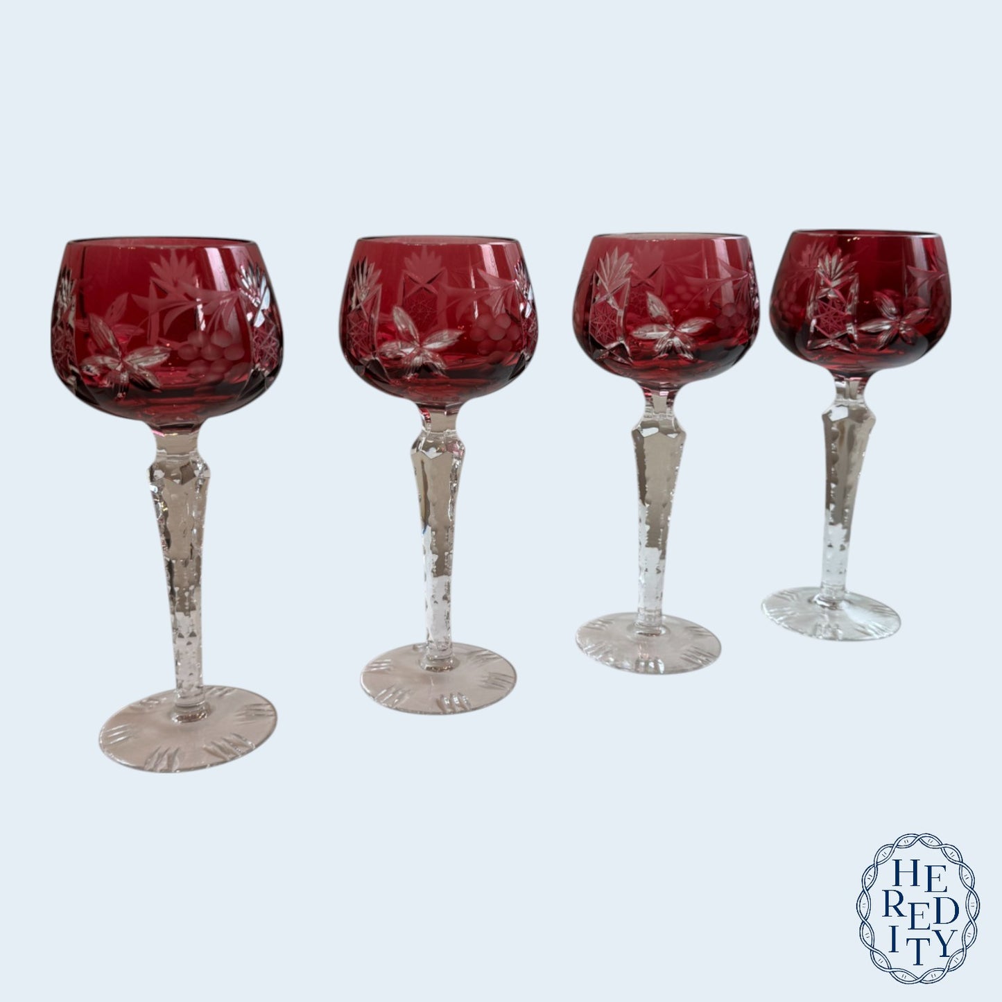 Set of 4 Vintage Cranberry Crystal Cut-to-Clear Wine Goblets