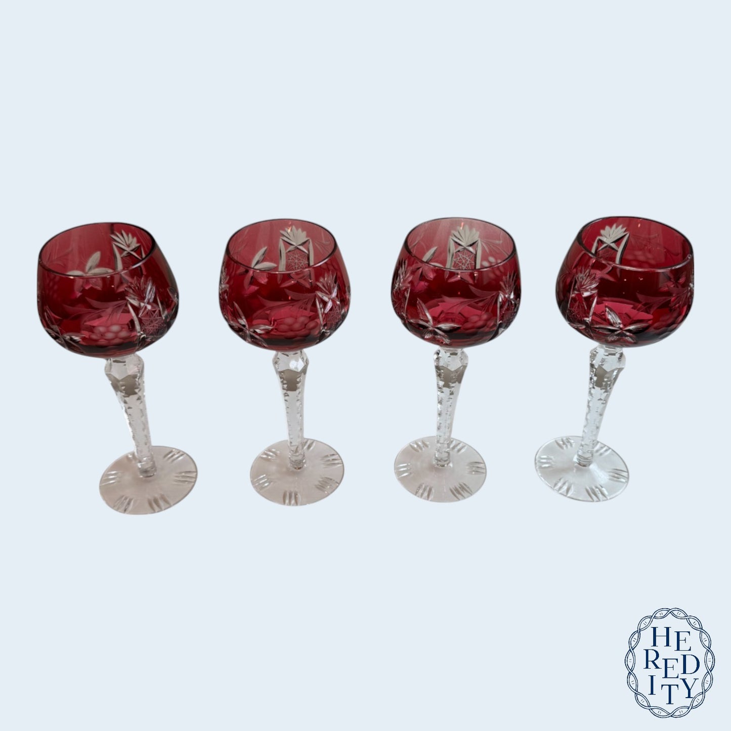 Set of 4 Vintage Cranberry Crystal Cut-to-Clear Wine Goblets