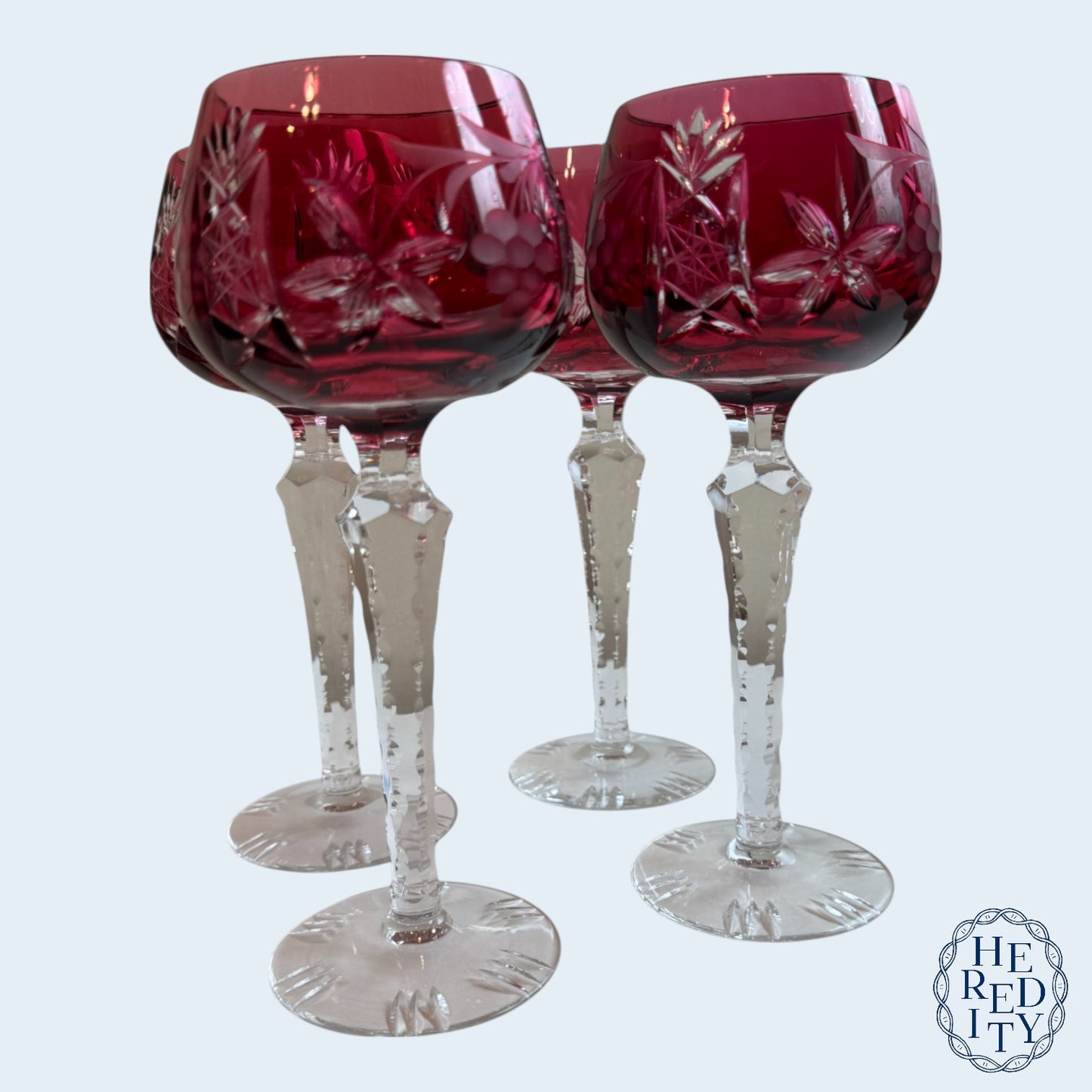 Set of 4 Vintage Cranberry Crystal Cut-to-Clear Wine Goblets