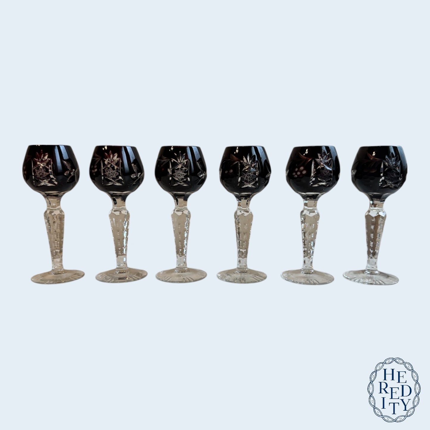 Six Imperlux Crystal Cut-To-Clear Amethyst Cordial Glasses