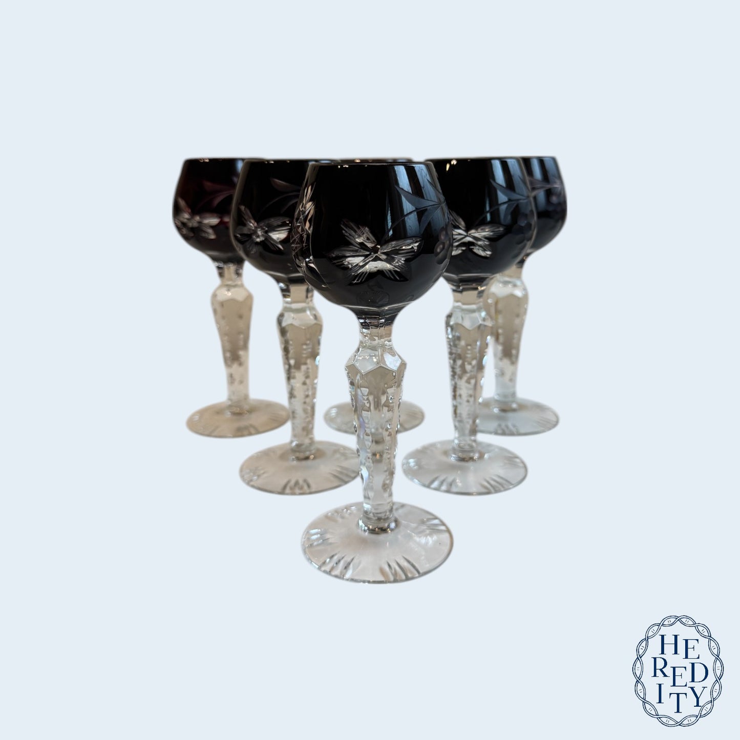 Six Imperlux Crystal Cut-To-Clear Amethyst Cordial Glasses