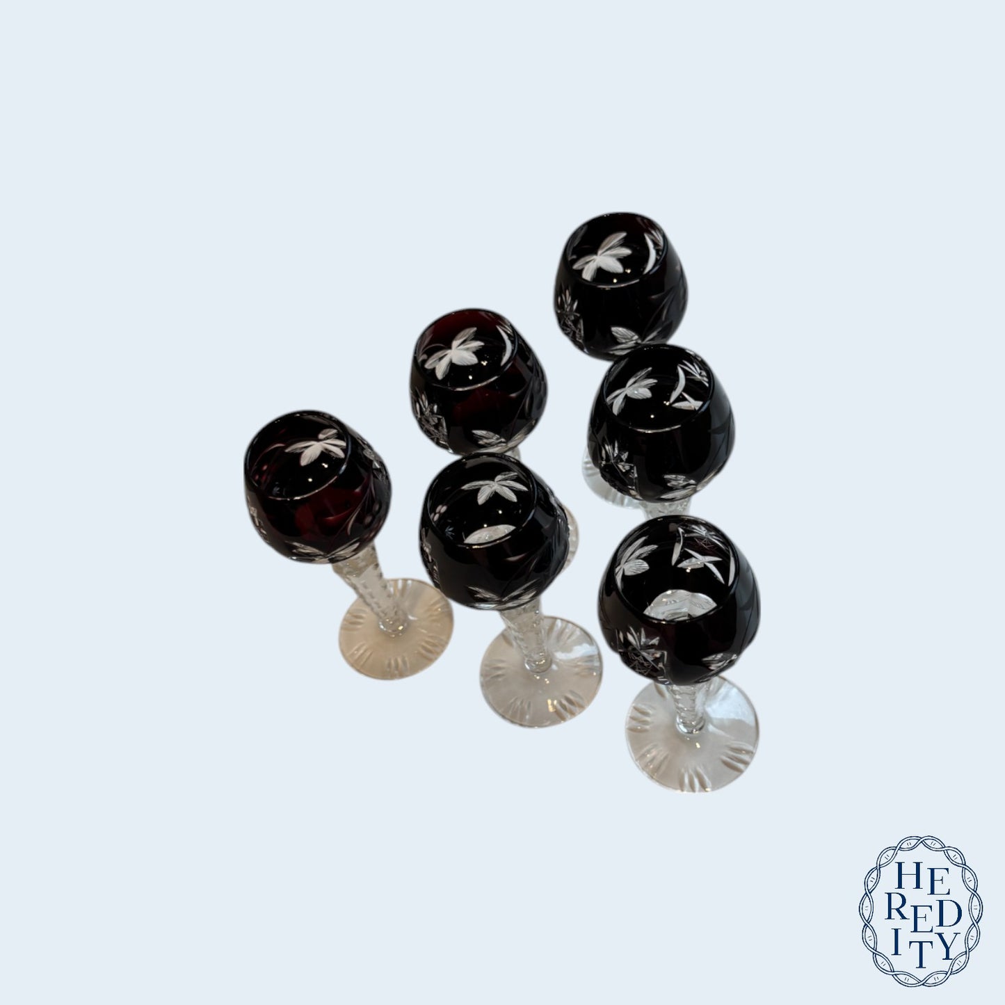 Six Imperlux Crystal Cut-To-Clear Amethyst Cordial Glasses
