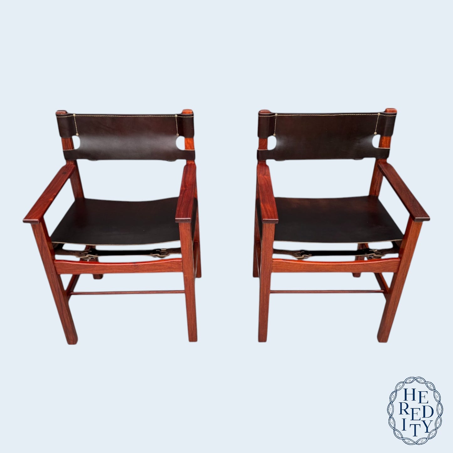 Pair of Vintage Mid-Century Modern Leather and Wood Spanish/Safari Style Armchairs by Ligna