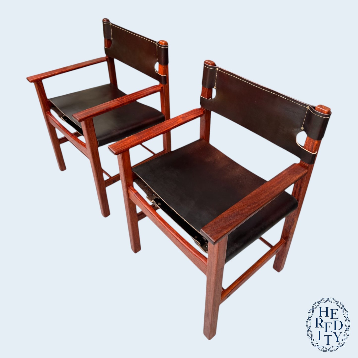 Pair of Vintage Mid-Century Modern Leather and Wood Spanish/Safari Style Armchairs by Ligna