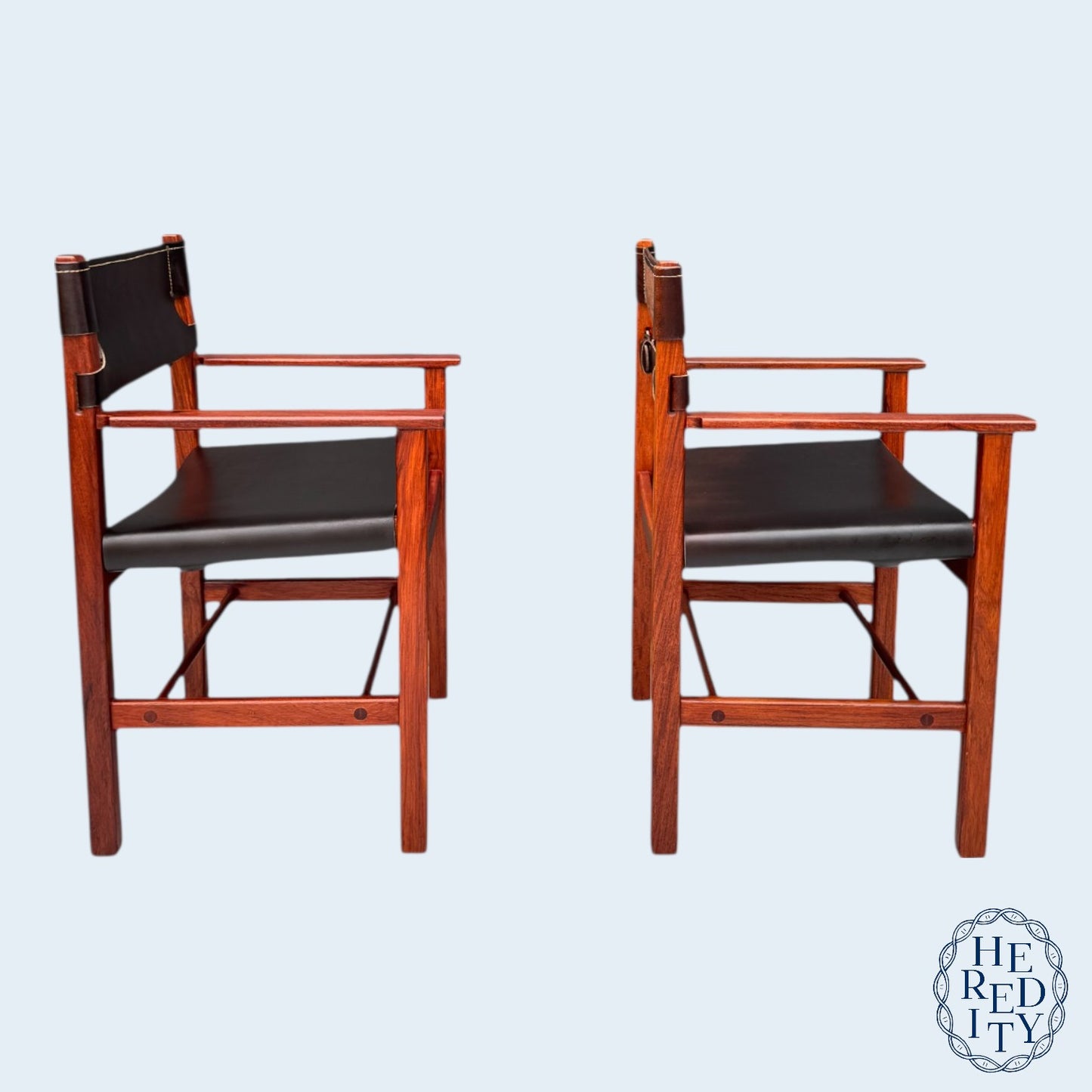Pair of Vintage Mid-Century Modern Leather and Wood Spanish/Safari Style Armchairs by Ligna