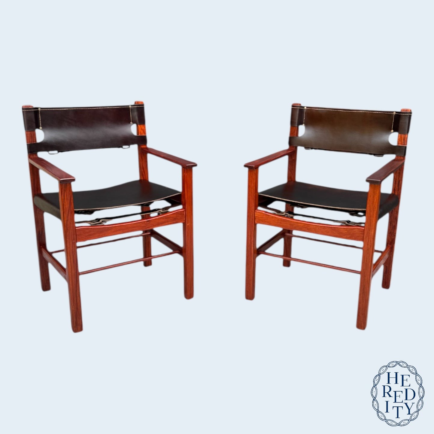 Pair of Vintage Mid-Century Modern Leather and Wood Spanish/Safari Style Armchairs by Ligna