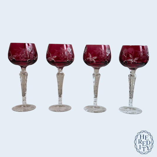 Set of 4 Vintage Cranberry Crystal Cut-to-Clear Wine Goblets