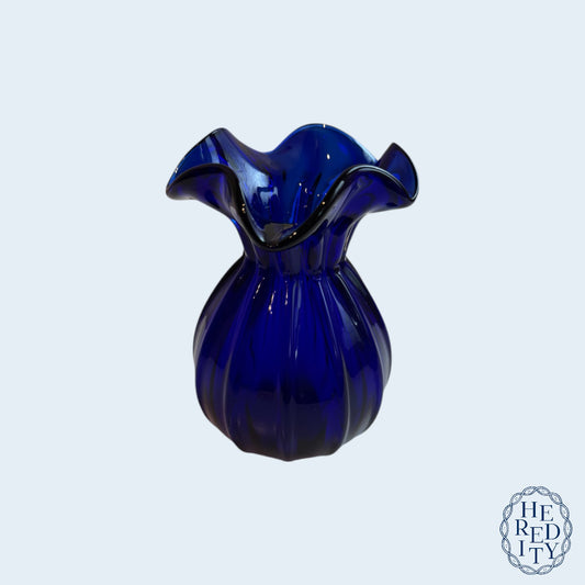 Vintage Cobalt Blue Hand-Blown Glass Fluted Vase