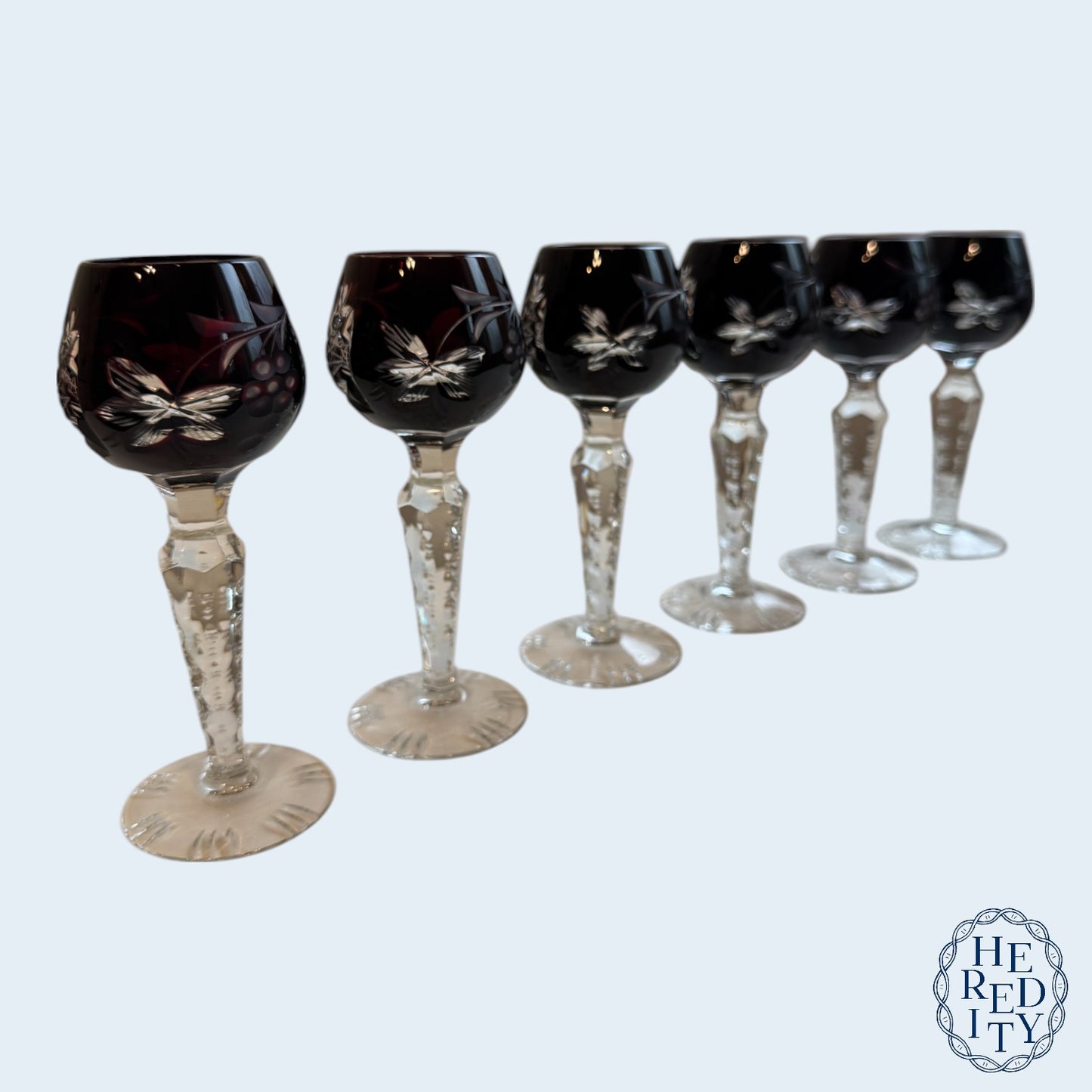 Six Imperlux Crystal Cut-To-Clear Amethyst Cordial Glasses