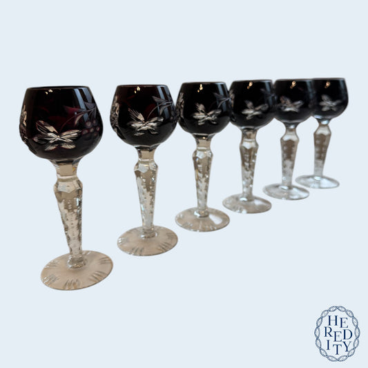 Six Imperlux Crystal Cut-To-Clear Amethyst Cordial Glasses