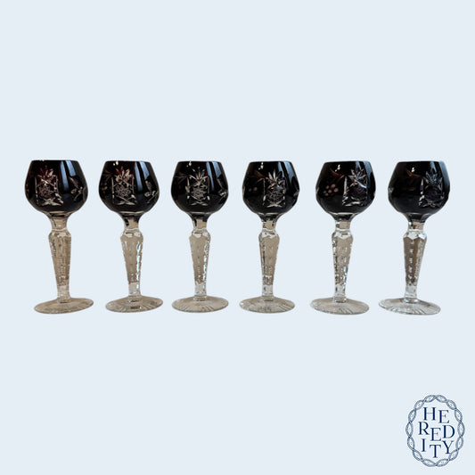 Six Imperlux Crystal Cut-To-Clear Amethyst Cordial Glasses