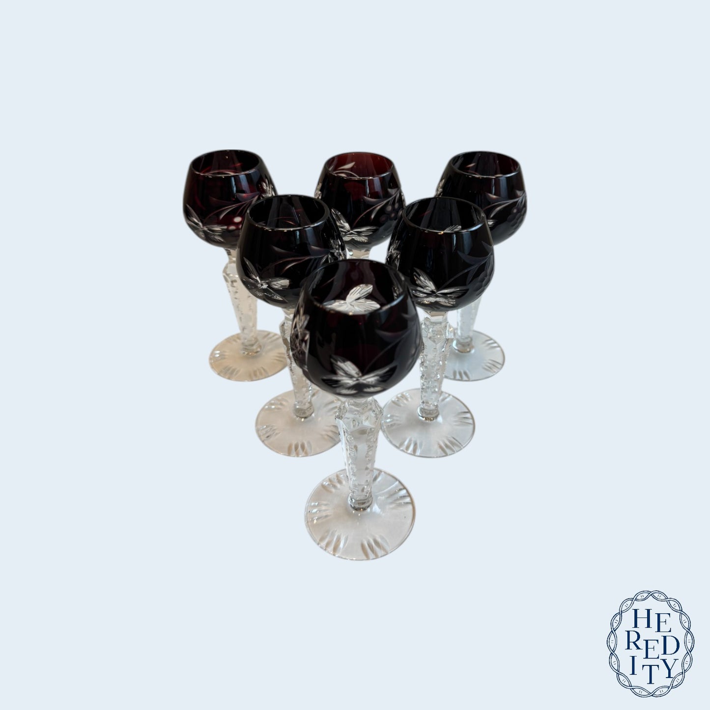 Six Imperlux Crystal Cut-To-Clear Amethyst Cordial Glasses