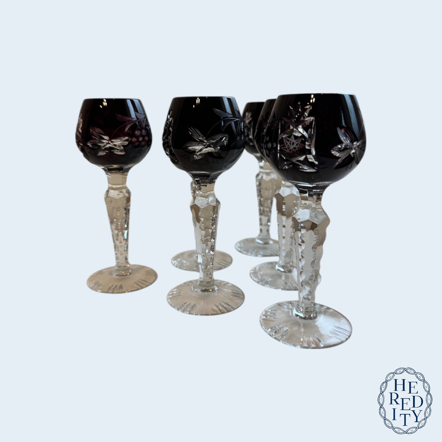 Six Imperlux Crystal Cut-To-Clear Amethyst Cordial Glasses