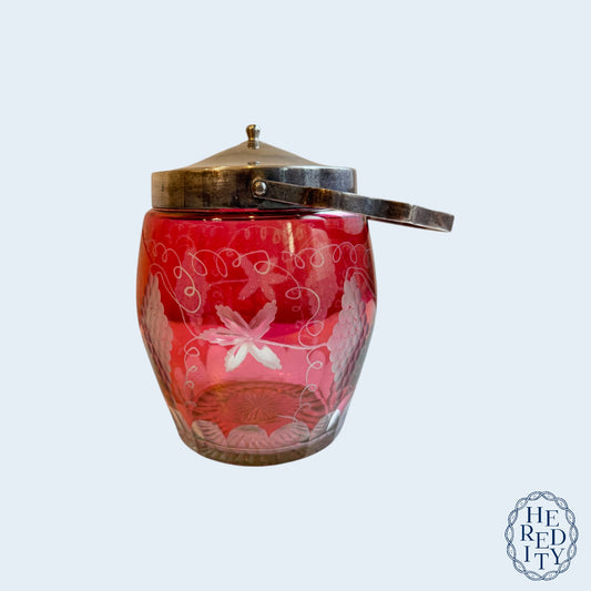 Vintage Bohemia Cranberry Cut-to-Clear Biscuit Jar