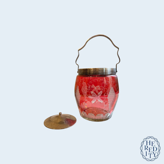 Vintage Bohemia Cranberry Cut-to-Clear Biscuit Jar