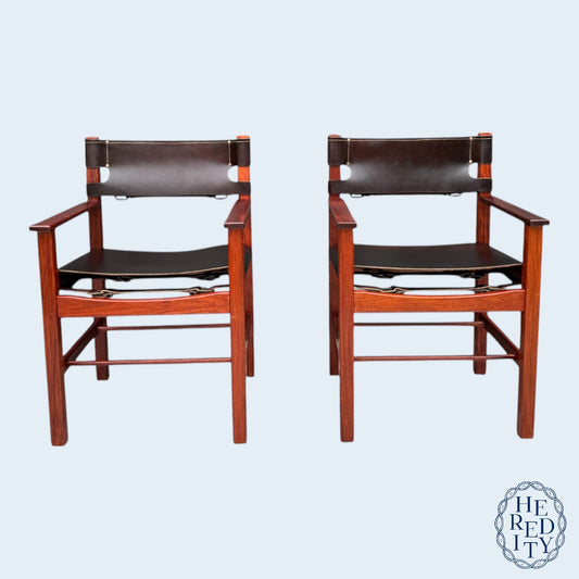 Pair of Vintage Mid-Century Modern Leather and Wood Spanish/Safari Style Armchairs by Ligna