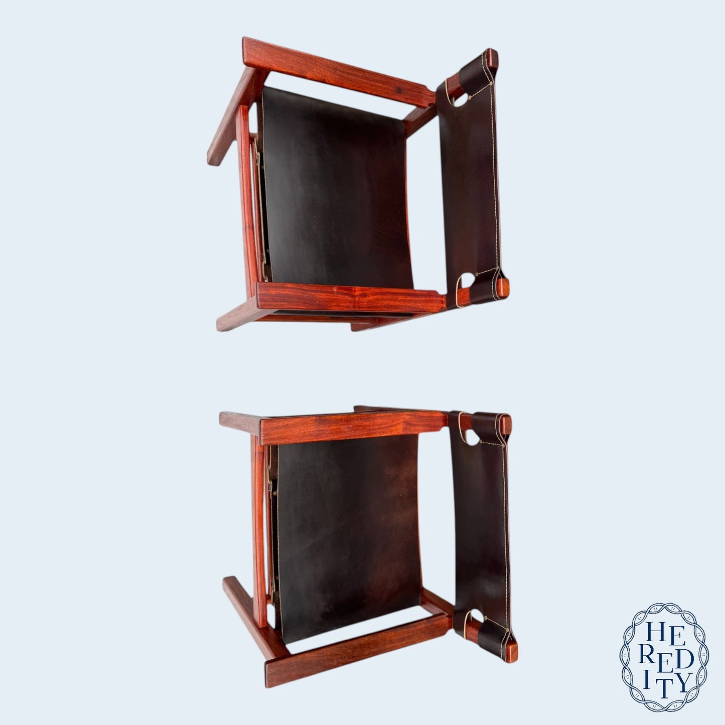 Pair of Vintage Mid-Century Modern Leather and Wood Spanish/Safari Style Armchairs by Ligna