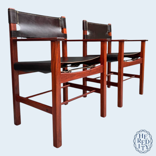 Pair of Vintage Mid-Century Modern Leather and Wood Spanish/Safari Style Armchairs by Ligna