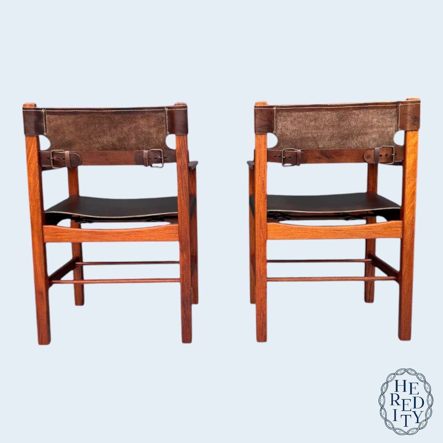 Pair of Vintage Mid-Century Modern Leather and Wood Spanish/Safari Style Armchairs by Ligna