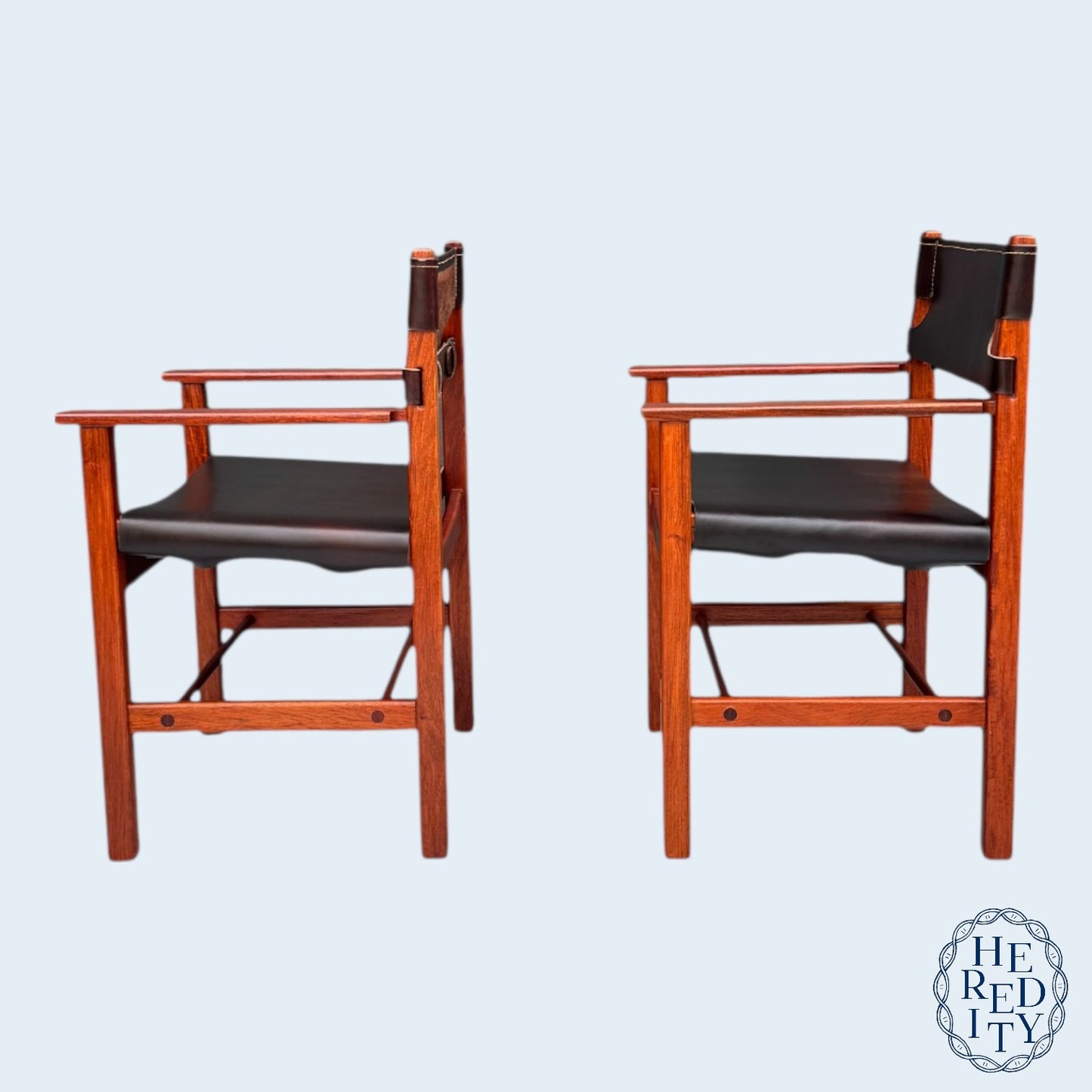 Pair of Vintage Mid-Century Modern Leather and Wood Spanish/Safari Style Armchairs by Ligna