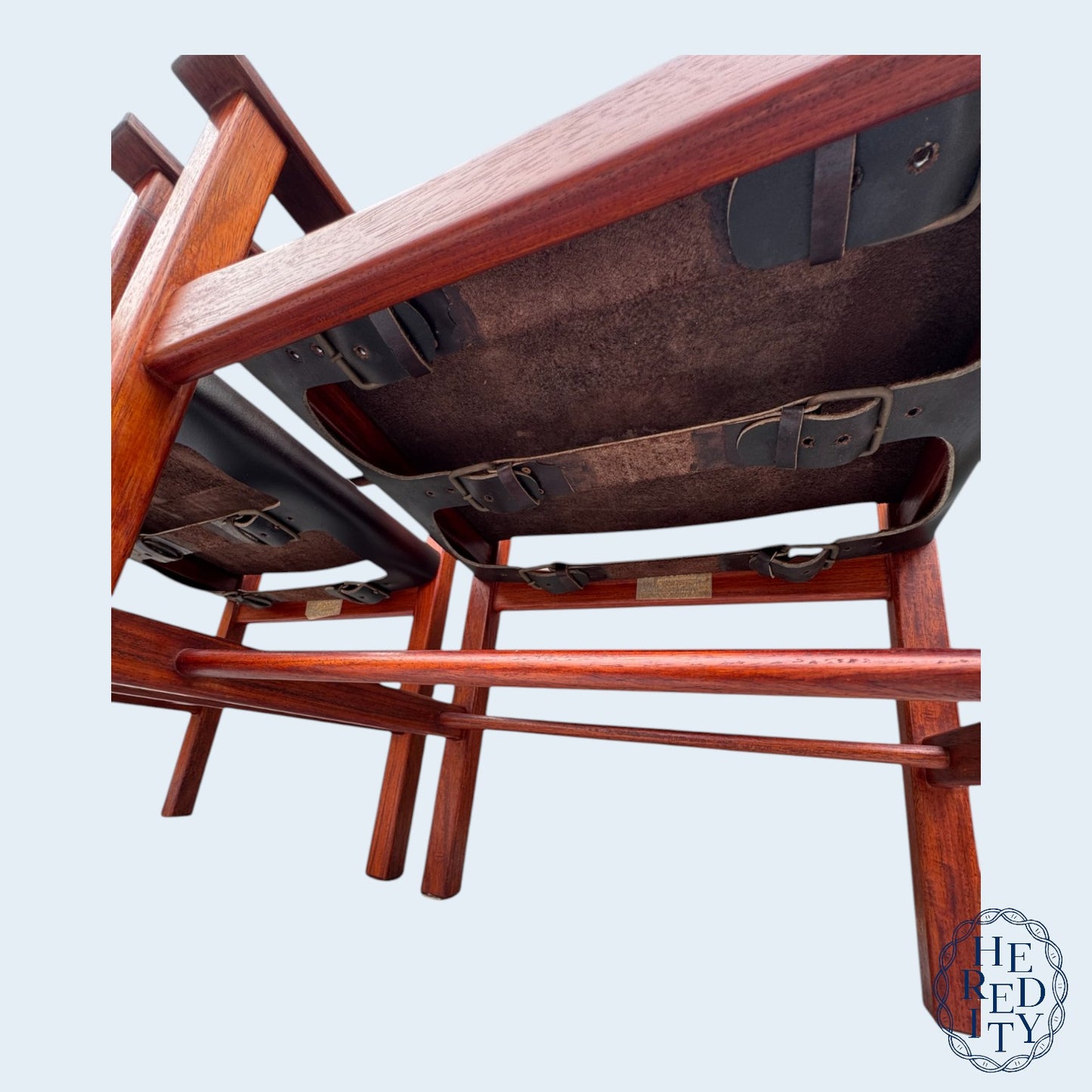 Pair of Vintage Mid-Century Modern Leather and Wood Spanish/Safari Style Armchairs by Ligna